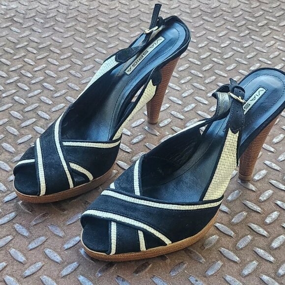 Via Spiga Ladies Sandal Heel Black/White Faux Suede Upper Shoes Brazil Size 9.5 - Picture 7 of 12